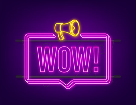 Wow neon megaphone. Flat vector illustration. Announce promotion offer. People communicateのイラスト素材