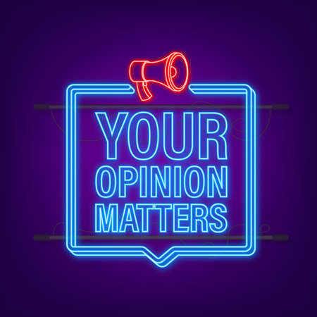 Megaphone banner, business concept with text Your opinion matters. Neon style. Vector illustrationのイラスト素材
