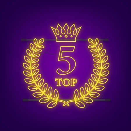 Top 5 label. Neon laurel wreath icon. Vector stock illustrationのイラスト素材