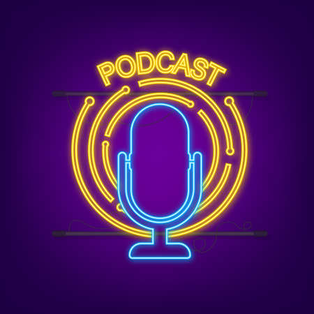 Podcast neon icon. Badge, icon, stamp, logo. Neon icon. Vector stock illustrationのイラスト素材