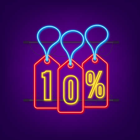 10 percent OFF Sale Discount neon tag. Discount offer price tag. 10 percent discount promotion flat icon with long shadow. Vector illustrationのイラスト素材