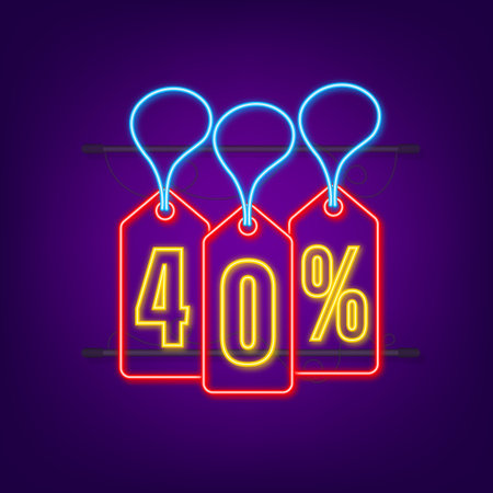 40 percent OFF Sale Discount neon tag. Discount offer price tag. 40 percent discount promotion flat icon with long shadow. Vector illustrationのイラスト素材