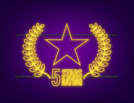 5 star rating. Badge with neon icon. Customer review rating.