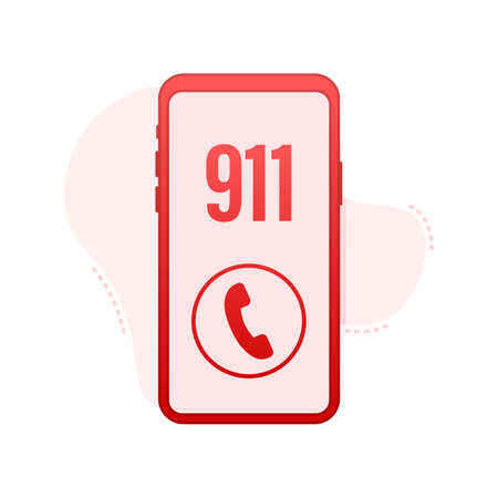 911 smartphone in flat style. Call icon vector. Hand holding smartphone. First aid. Finger touch screen. Vector stock illustration.のイラスト素材