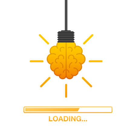 Idea loading concept with idea brain processed on a lightbulb bar. Vector stock illustration.のイラスト素材