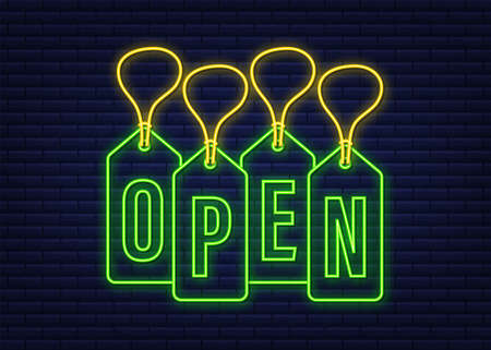 Open Hangtags sale neon sign. Vector stock illustration.のイラスト素材