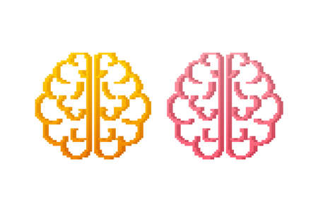 Pixel art vector pink and yellow brain on white background. Vector stock illustrationのイラスト素材