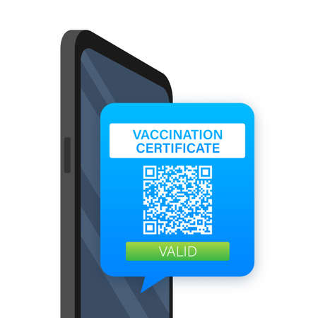 Vaccination digital certificate on smartphone. Phone screen with qr-code and pass check mark vaccinated. Health passport. Vector stock illustration.のイラスト素材