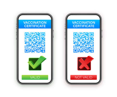 Vaccination digital certificate on smartphone. Phone screen with qr-code and pass check mark vaccinated. Health passport. Vector stock illustration.のイラスト素材