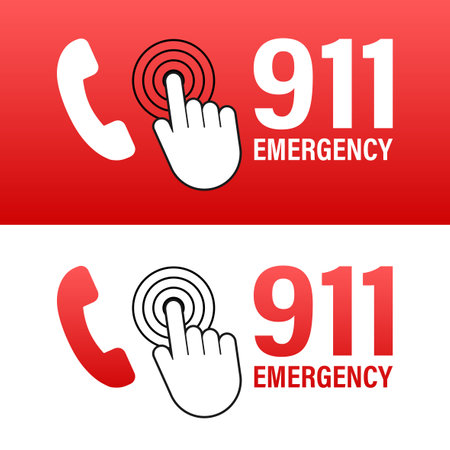 911 call in flat style. Call icon vector. Hand holding smartphone. First aid. Finger touch screen. Vector stock illustration.のイラスト素材