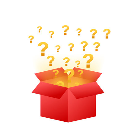 Mystery box. Packaging for concept design. Surprise present. Package design. Help symbol. Question mark icon. Vector stock illustration.のイラスト素材