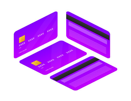 Purple flat credit card template on white background. Isometric view. Vector Illustration.のイラスト素材