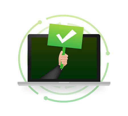Laptop with checkmark or tick notification on placard. Approved choice. Accept or approve checkmark. Vector illustration.のイラスト素材