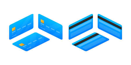 Blue flat credit card template on white background. Isometric view. Vector Illustration.のイラスト素材