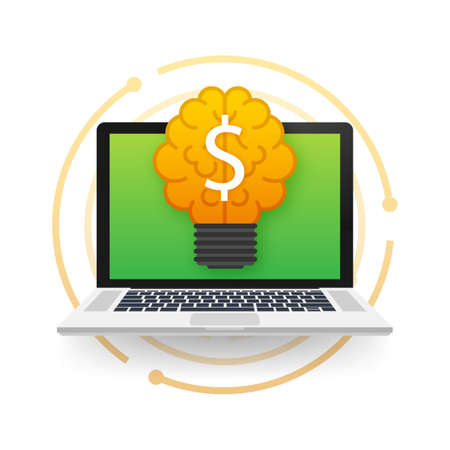 Flat idea for concept design. Lightbulb icon on laptop screen. Idea, solution, business, strategy concept. Vector stock illustration.のイラスト素材