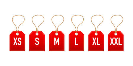 Size clothes tag set in flat style on red background. Vector flat illustration. Set collection.のイラスト素材