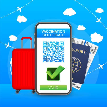 Vaccination digital certificate on smartphone with suitcase and passport. Phone screen with qr-code and pass check mark vaccinated. Health passport. Vector stock illustration.のイラスト素材