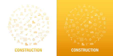 Outline web icons round set. Construction and home repair tools, building. Work safety. Vector stock illustration.のイラスト素材