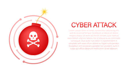 Flat illustration. Shield icon. Abstract icon with a red cyber attack. Bomb icon on white background. Phishing scam.のイラスト素材