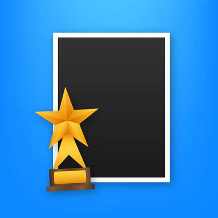 Trophy and frame realistic compostion. 3d photo award place for flyer design. Vector illustration.のイラスト素材
