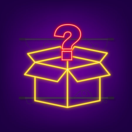 Mystery box. Packaging for concept design. Surprise present. Package design. Help symbol. Question mark icon. Vector neon stock illustration.のイラスト素材