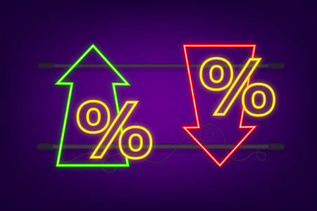 Percentage with arrow up and down. Banking, credit, interest rate. Neon icon. Vector stock illustration.のイラスト素材