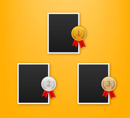 Trophy and frame realistic compostion. 3d photo award place for flyer design. Vector illustration.のイラスト素材