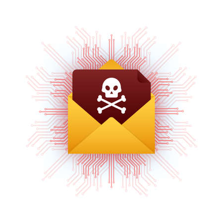 Red email virus. Computer screen. virus, piracy, hacking and security, protection. Vector stock illustration.のイラスト素材
