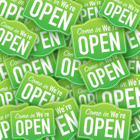 Come in were open hanging sign sticker pattern. Sign for door. Vector illustration.のイラスト素材