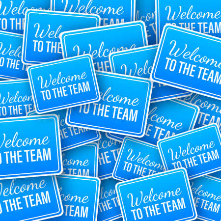 Welcome to the team hanging sign on blue backdrop. Sticker boom style. Sign for door. Vector stock illustration.のイラスト素材
