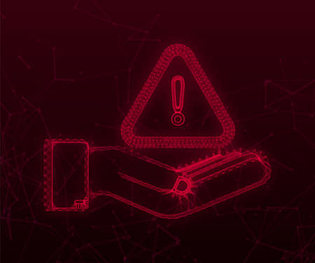 banner with yellow scam alert over hands. Attention sign. Cyber security icon. Caution warning sign sticker. Flat warning symbol. Vector stock illustrationのイラスト素材