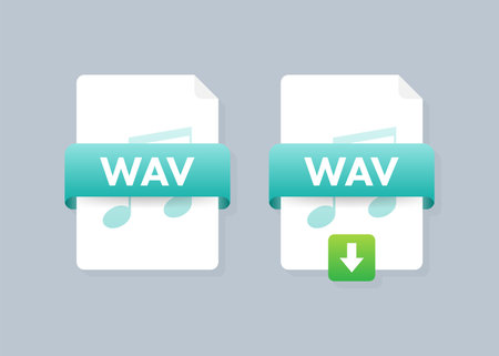 Download WAV button on laptop screen. Downloading document concept. File with WAV label and down arrow sign.のイラスト素材