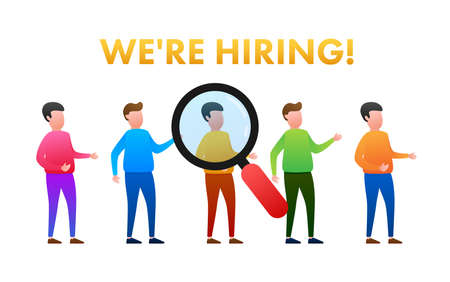 We are hiring flat cartoon illustration. Recruitment concept. Hire workers, choice employers search team for job. Resume icon. Vector illustration.のイラスト素材