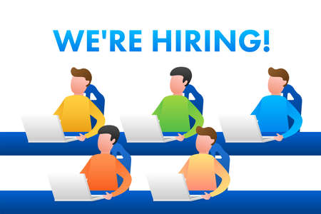 We are hiring flat cartoon illustration. Recruitment concept. Hire workers, choice employers search...