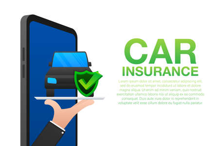 Car insurance contract document over hands. Shield icon. Protection. Vector stock illustration.のイラスト素材