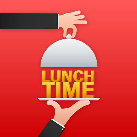 Flat icon with lunch time and hand with tray on white background for cover design. Vector icon.のイラスト素材