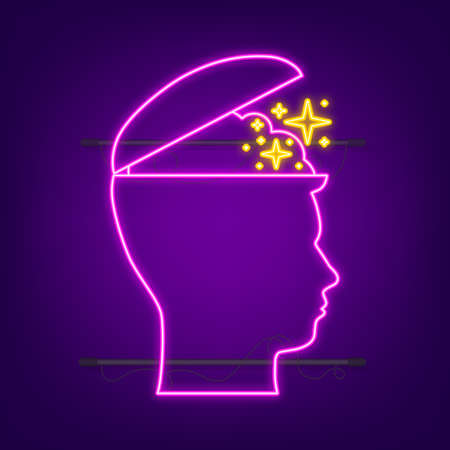 Open mind. Neon icon on light backdrop. Mental health concept. Business concept. Creative idea banner. Human anatomyのイラスト素材
