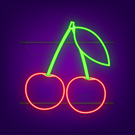 Ripe red cherry berries with leaves neon icon. Vector stock illustration.のイラスト素材