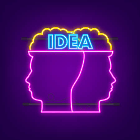 Head silhouette idea lamp in abstract style. Neon. Bulb light vector icon. Technology abstract.のイラスト素材