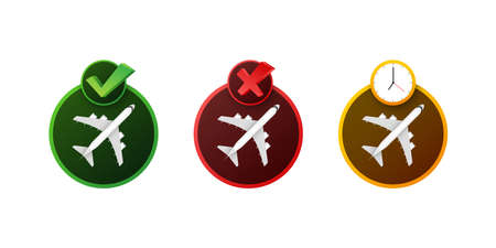 Flight information check mark. Qr code scan icon. Exclamation mark. Travel time.のイラスト素材