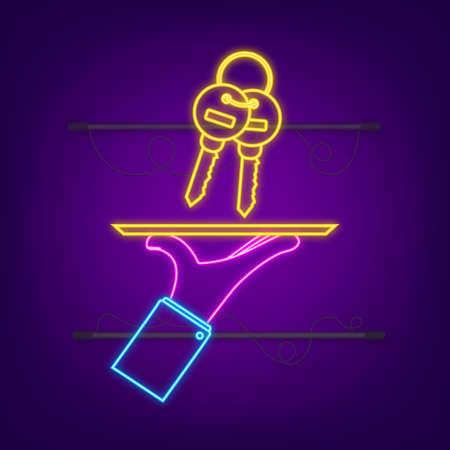 Gold color keys handing over hand on white background. Neon. Vector stock illustration.のイラスト素材