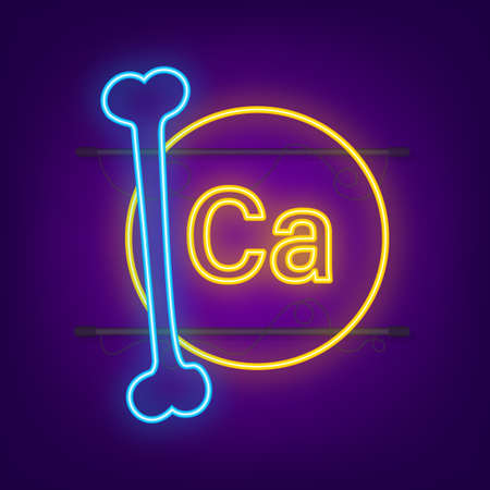 Blue calcium neon icon on dark background. Calcium mineral. Ca pill capsule. Vector stock illustration.のイラスト素材