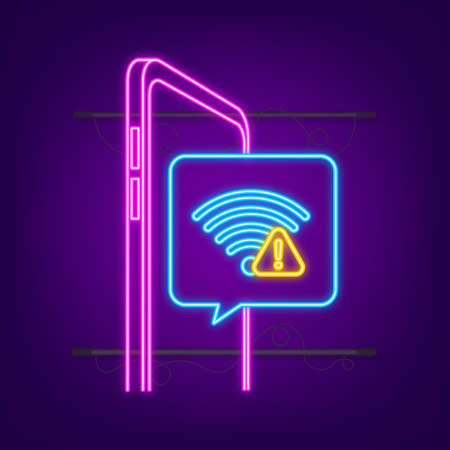 No internet connection found on smartphone. Neon icon. Lost Wireless Connection. No wifi. Vector stock illustrationのイラスト素材