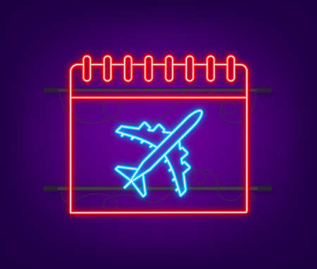 Calendar airplane for travel design. Neon icon. Vector illustration background.のイラスト素材