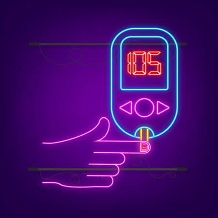 Blood glucose meter level neon test. Diabetes glucometer. Abstract concept graphic web banner element. Vector illustration.のイラスト素材