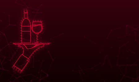 Wine waiter in plexus style on red background. Vector illustration, flat. Vector wine glass icon.のイラスト素材