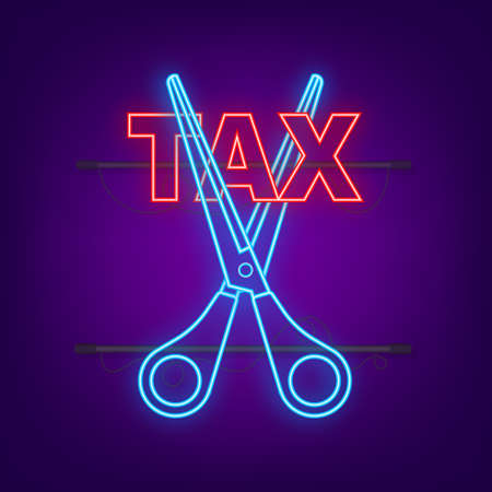 Tax cut in neon style on black background. Vector illustration, cartoon character. Editable stroke.のイラスト素材
