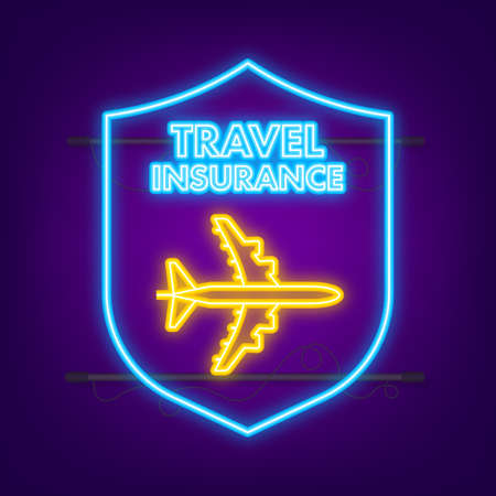 Travel insurance in neon style. Isometric vector illustration. Health insurance concept.のイラスト素材