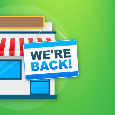 Flat banner with we are back door sign. Back door sign in flat style on blue background.のイラスト素材