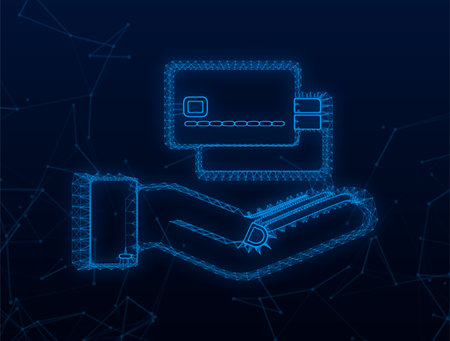 Plexus Blue simple credit card with hands template on blue background. Vector stock Illustrationのイラスト素材